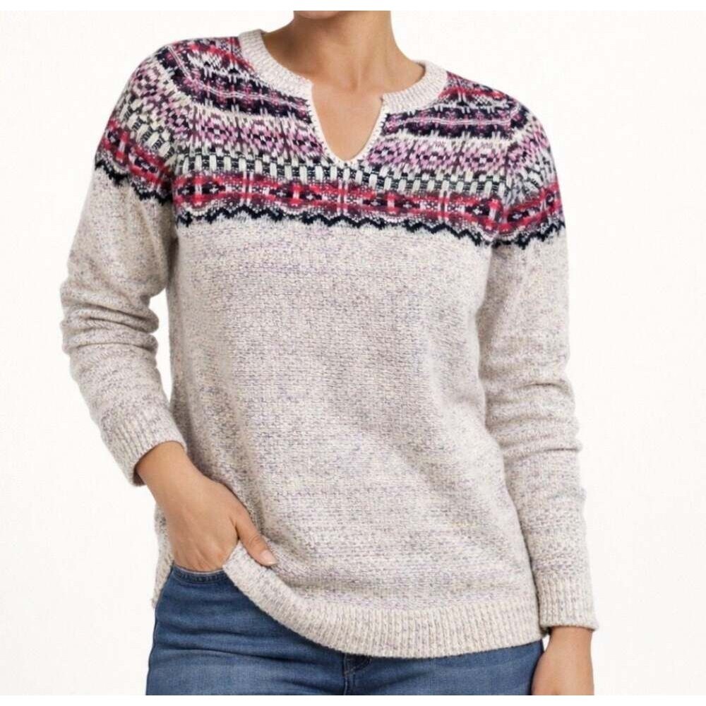 J. Jill Fair Isle Split-Neck Pullover Sweater in Oatmeal Heather XS Petite Class